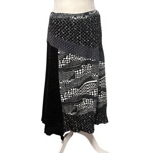 Boho Festival Asymmetrical Midi Black White Mixed Media Women Knit Skirt Size XL